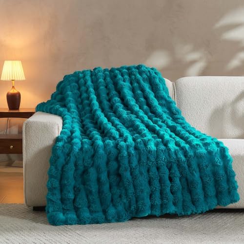 Lotus Karen Faux Fur Throw Blanket Teal - Big Bubble Rabbit Fluff Blanket for Couch Bed Sofa,Softest Fluffy Fuzzy Cozy Blanket,Thick Furry Plush Shaggy Warm Blankets for Women,108x90 Inches - Image 5