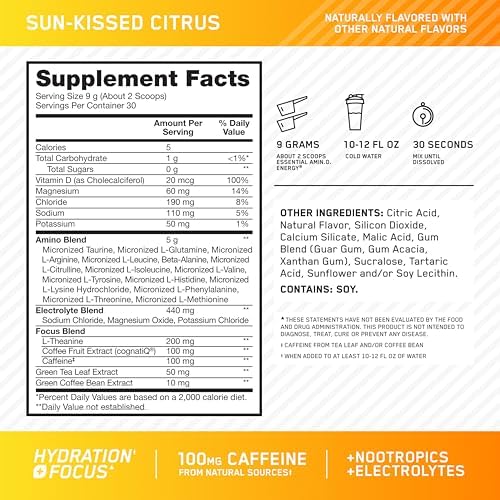 Optimum Nutrition Amino Energy Powder Plus Focus, Sunkissed Citrus, 9.5 Oz - Image 3