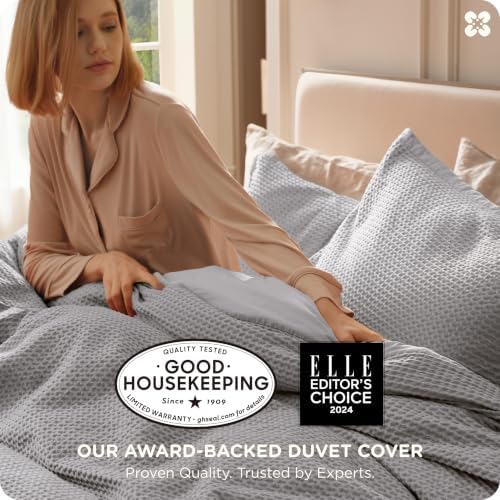 Bedsure PureWoven 100% Cotton Waffle Weave Duvet Cover Set, 3 Pieces, Grey - Image 2