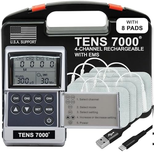 TENS 7000 Pro Rechargeable Tens Unit Muscle Stimulator, 4 Channels, Back Pain Relief, 8 Electrodes/Unit Pads, EMS and TENS Machine, Muscle Recovery & Growth, Stim Machine, Electrotherapy by TENS7000