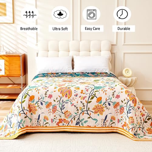 VANJOROY Boho Throw Blanket for Bed, 100% Organic Cotton Breathable Ultra Soft 60" x 80" Quilt Throw - All Season Floral Rustic Farmhouse Decor Luxury Reversible Blanket for Sofa Couch Chair and Gift - Image 4