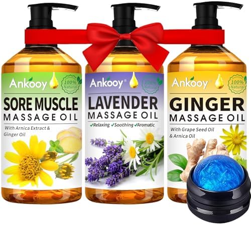 3 Pack Massage Oil for Massage Therapy,Sore Muscle Arnica Oil & Relaxing Lavender Oil & Ginger Oil Lymphatic Drainage & Massage Ball,Massage Kit Gifts for Women Men,Spa Gifts Birthday Gifts for Women by ANKOOY