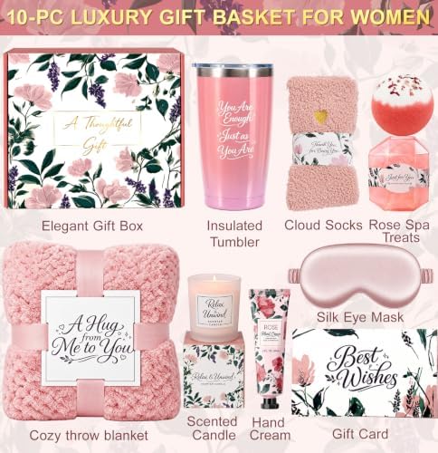 BodyRefresh Birthday Gifts for Women, 10-Piece Christmas Self Care Spa Gift Basket with Cozy Throw Blanket and 20oz Tumbler, Get Well Soon and Thinking of You Care Package for Mom Wife Sister Friend - Image 2