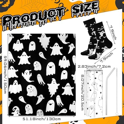 HunnmingRe 3 Pcs Black Halloween Ghost Gift with Throw Blanket Tumbler Sock - Image 2