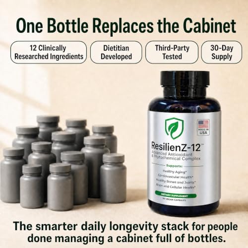 ResilienZ-12 Antioxidant Supplement, 12-in-1 Healthy Aging, CoQ10, Astaxanthin, Quercetin, Meriva Curcumin Turmeric, Sulforaphane, Green Tea Extract, Resveratrol, 90 Vegan Capsules, 30 Day Supply - Image 2