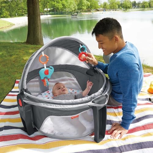 Fisher-Price Portable Bassinet On-The-Go Baby Dome, Travel Play Space with Developmental Newborn Toys & Canopy, Arrows Away - Image 2