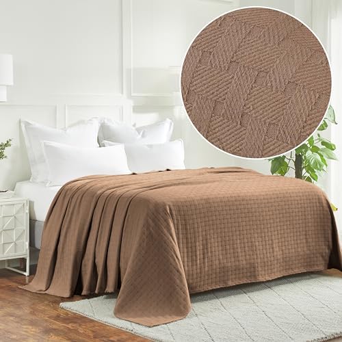 Superior Basketweave Cotton Blanket, Basket Weave Design, Soft, Comfy Cover for Bed, Bedding, Bedroom, Couch Throw, Lounging, Modern Boho Medium Weighted Blankets, Twin Size, Taupe - Image 2