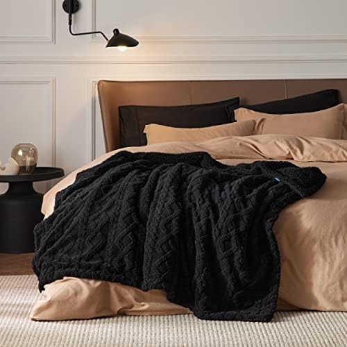 Bedsure Gentlesoft Sherpa Fleece Blanket Twin Size for Bed - Fluffy & Cozy Cable Jacquard Tufted for Women Gift, Thick and Warm Christmas Blanket for Winter, Black, 60x80 Inches - Image 6