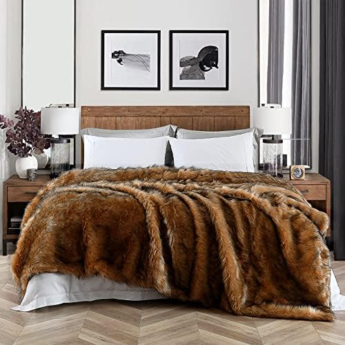 Luxury Plush Faux Fur Blanket King Size, Long Pile Brown with Black Tipped Throws, Oversized Super Warm, Fuzzy, Elegant, Fluffy Decoration Throw Blanket for Sofa, Armchair, Couch and Bed, 104"x90" - Image 2