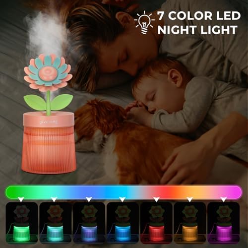 Cute Flower Mini Humidifier, Small Cool Mist Desk Humidifiers, Portable USB Personal Desktop Plant Humidifiers, Cooling for Home Office Car Travel Indoor Outdoor (260ml, Pink Sunflower) - Image 4