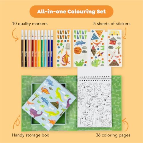Tiger Tribe Coloring Set - Dinosaurs, Activity Set for Kids, incl. Stickers & Markers Portable Storage Box, Perfect for Travel, Great Gift - Image 2