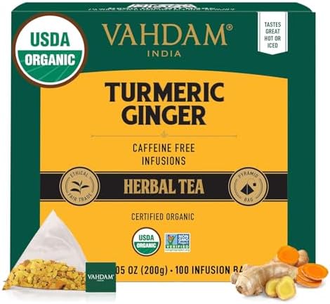VAHDAM Organic Turmeric Ginger Herbal Tea Bags (100 Pyramid Tea Bags) Caffeine Free, Non GMO | 100% Pure Herbal Blend - Savory & Spicy, Plant-Based Teabags | Resealable Ziplock Pouch by Unknown