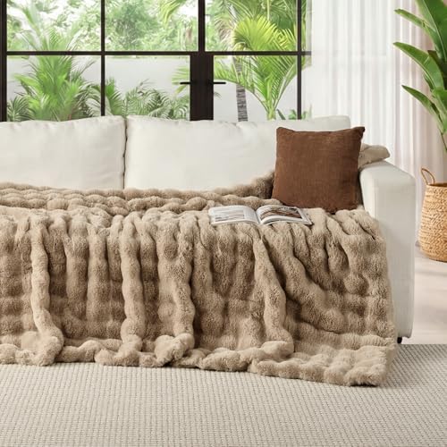 Lotus Karen King Size Faux Fur Blanket Khaki - Big Bubble Rabbit Fluff Blanket for Bed, Large Fluffy Fuzzy Cozy Blanket, Thick Furry Plush Shaggy Blankets, 108x90 Inches - Image 2