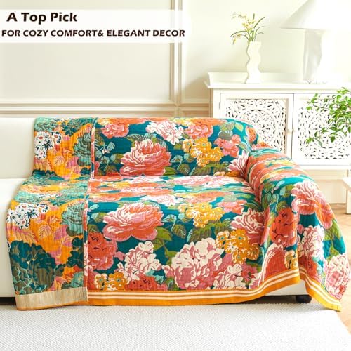 VANJOROY Boho Throw Blanket, 100% Organic Cotton Breathable Ultra Soft 80" x 90" Bed Quilt Throw - All Season Floral Rustic Farmhouse Decor Luxury Reversible Blanket for Sofa Couch Chair and Gift - Image 2
