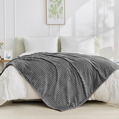 Bnuitland Fleece Throw Blanket for Couch, 300GSM Soft Warm Cozy Fluffy Throw for Adults & Kids, Stripe Pattern, All Season Sofa Bed Blanket for Home Decor, Grey 50"x60" - Image 3