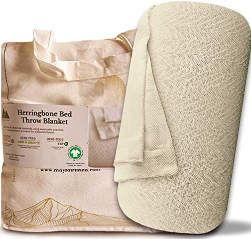Mayfair Linen Cotton Throw Blankets for Bed King Size - Herringbone Pattern Cotton Blankets King Size (1 PC, Ivory), Breathable, Soft & Cozy Thermal All Season Throw for Bed Couch Chair Outdoors by MayfairLinen