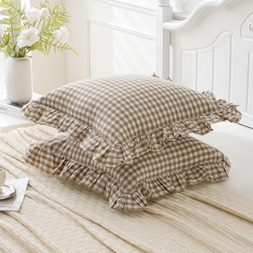 Taupe/White Plaid Euro Pillow Shams Ruffle Pillowcases, 26x26 Inches - Image 4