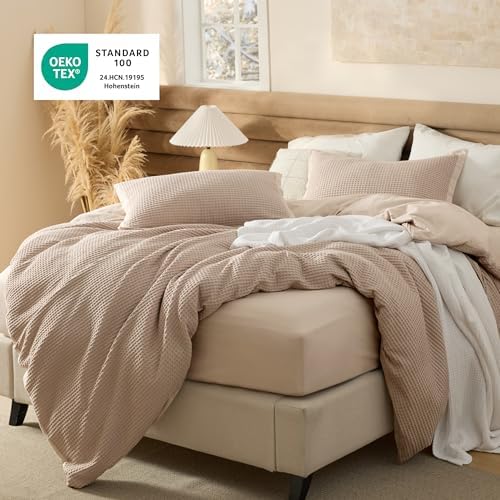 Bedsure PureWoven Cotton Waffle Duvet Cover Set with Fitted Sheet, King - Image 3