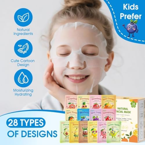 KONEUK 28 Pack Fruit Face Masks Skincare for Kids Girls, Sheet Face Mask - Image 3