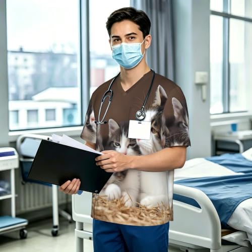 Men's Scrub Top,V-Neck Spill Wrinkle Resistant,3 Pockets-Cat Family - Image 3