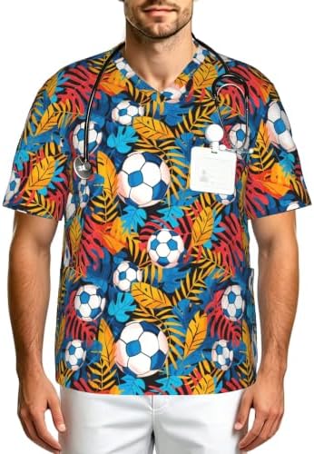 Men's Scrub Top,V-Neck Spill Wrinkle Resistant,3 Pockets-Tropical Palm Leaf Football (3) by Unknown