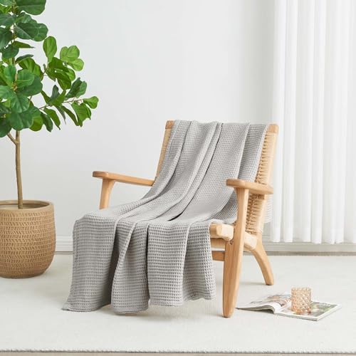 100% Cotton Light Grey Blanket Full/Queen Size for Bed - Breathable and Soft, Waffle Weave for Summer Spring, 90x90 Inches. - Image 3