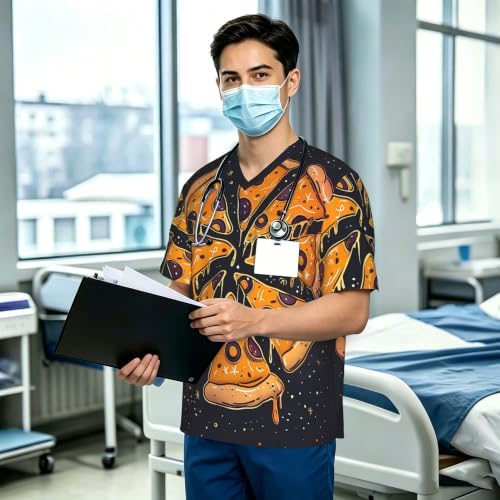 Men's Scrub Top,V-Neck Spill Wrinkle Resistant,3 Pockets-Pizza Fun Pattern (2) - Image 3