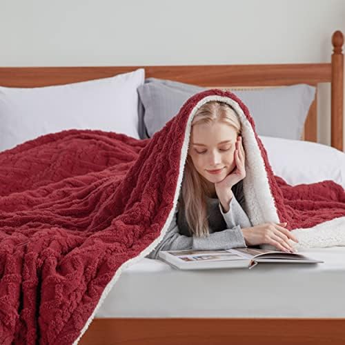 Bedsure Sherpa Fleece Blanket, Cable Jacquard Tufted, Warm, Red, Twin - Image 5