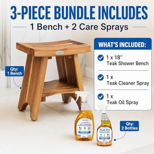 EcoDecors Serenity 18" Assembled Teak Shower Bench with Teak Oil & Cleaner - Image 2