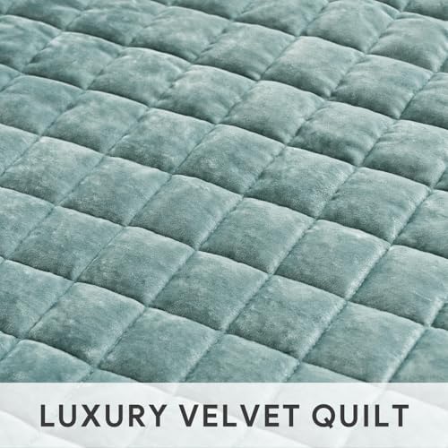 RECYCO Channel Box Stitch Velvet Quilt Set, Full Queen Size, Aqua Green - Image 4