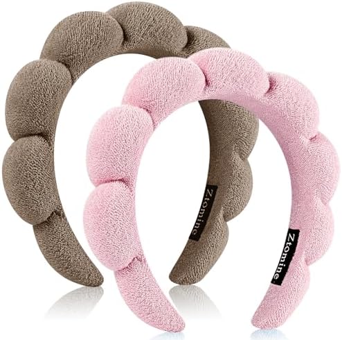 Ztomine Spa Headbands, Set of 2, Terry Cloth Headband Face Wash Headband Combo Pack - Puffy Makeup Headbands for Face Washing, Mask (Dark khaki + pink) by Ztomine