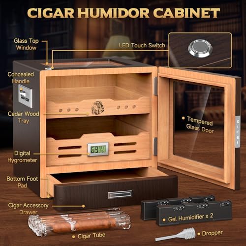 XIFEI Cigar Humidor Cabinet, Glass Top & Adjustable LED Lighting, Digital Hygrometer, 2 Humidifiers, Cigar Tube, Desktop Cedar Wood Humidor with Accessory Drawer for 80-100 Cigars, Ideal Men's Gift - Image 3