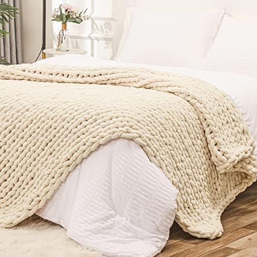 Bigacogo Chunky Knit Throw Blanket for Couch, 51x63 inches, Beige by Bigacogo