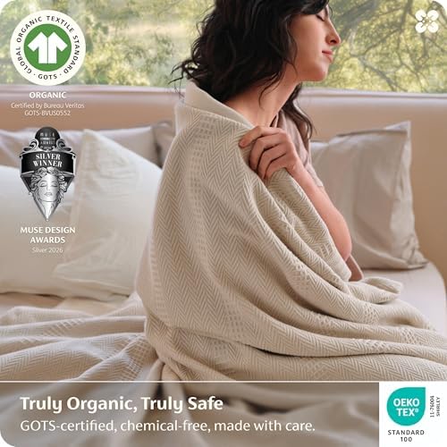 Bedsure PureWoven 100% Organic Cotton Waffle Luxury Blanket, King, Beige - Image 2