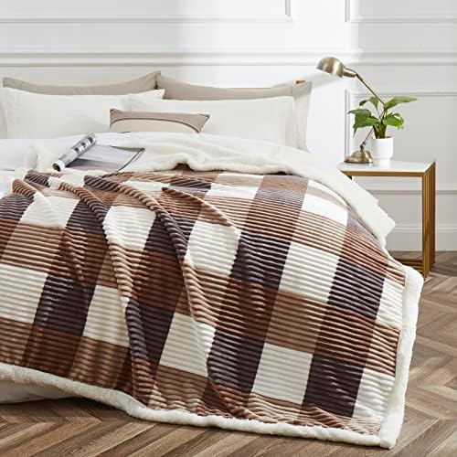 PU MEI Sherpa Blanket Twin Plaid Thick Bed Blanket, 60”*80” Super Soft Flannel Fuzzy Fleece Reversible Velvet Plush Warm Blanket for Couch (Beige Check, 60"*80") - Image 2