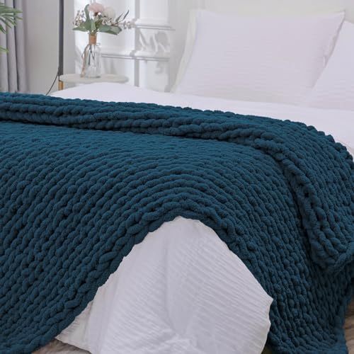 Bigacogo Chunky Knit Throw Blanket for Couch, 51x63 inches, Deep Sea Blue by Bigacogo