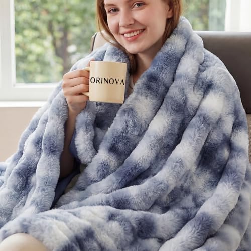 ORINOVA Tie-dye Blue Twin Cozy Faux Fur Blanket for Couch Bed Living Room 60x80 Furry Soft Fluffy Thick Warm Throw Blanket for Winter Home Gifts 860 GSM - Image 2