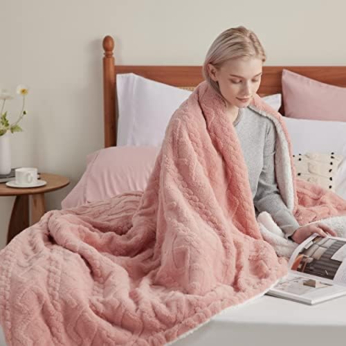 Bedsure Sherpa Fleece Blanket, Cable Jacquard Tufted, Warm, Dark Pink - Image 5