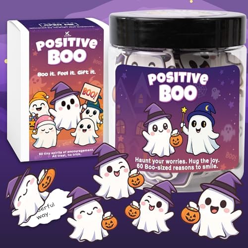 Boo Basket Stuffers for Women, Positive Boo Jar- 60 Funny Positive Affirmation Cards, Cute Spooky Halloween Gifts for Daughter Son Coworkers Friends Halloween Decoration Desk Office Party Favor by KATINAT