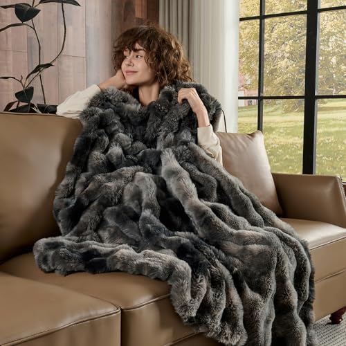 Lotus Karen Faux Fur Blanket Tie-Dye Dark Gray Twin Size - Big Bubble Rabbit Fluff Throw for Couch Small Fluffy Fuzzy Cozy Thick Furry Plush Shaggy Blankets 60x80 Inches - Image 3