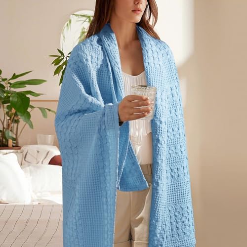 PHF Lightweight 100% Cotton Waffle Throw Blanket for Couch, Airy Blue - Image 2