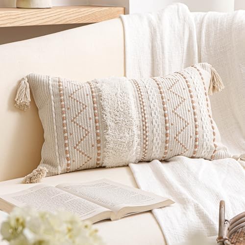 BlissBlush 12x20 Lumbar Pillow Cover, Cream Neutral Beige Rectangular Decorative Cushion Cover, Boho Accent Pillowcase with Tufted Details and Tassels for Couch Sofa Living Room (Cover Only) by BlissBlush