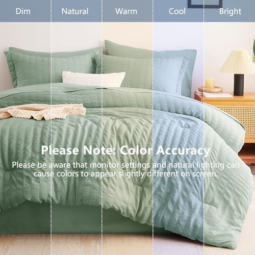 CozyLux Full Size Comforter Set 7 Pieces Sage Green Seersucker Bed in a Bag - Image 5