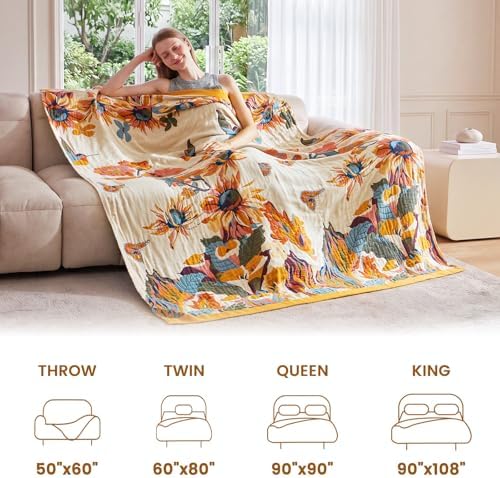 MSGKV 100% Cotton Throw Blanket for Bed Couch Fall 90''x 98'' Super Soft Muslin Blankets Warm Boho Quilt Lightweight Farmhouse Decorative Bed Blankets - Image 6
