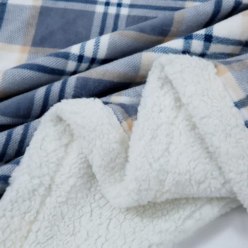 PU MEI Sherpa Blanket Twin Plaid Thick Bed Blanket, 60”*80” Super Soft Flannel Fuzzy Fleece Reversible Velvet Plush Warm Blanket for Couch (Blue White Check) - Image 4