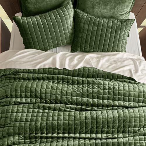 RECYCO Channel Box Stitch Velvet Quilt Set, King Size, Loden Green - Image 3