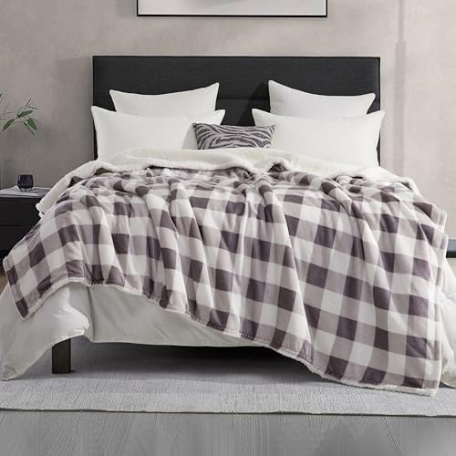 Elegant Comfort Ultra Soft Reversible Buffalo Plaid Flannel Sherpa Blanket - Cozy Silky Checkered Fleece Throw for Couch, Bed - Plush Fuzzy Warm Winter Blanket for Gift, Full, Gray - Image 2