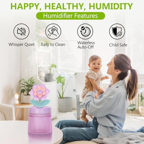 Cute Flower Mini Humidifier, Small Cool Mist Desk Humidifiers, Portable USB Personal Desktop Plant Humidifiers, Cooling for Home Office Car Travel Indoor Outdoor (260ml,Purple Gardenia) - Image 5