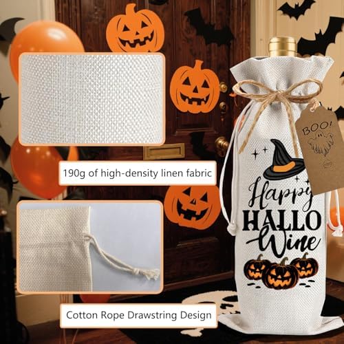 1Pcs Happy Hallo Gifts Wine Bag,Halloween Wine Bag Happy Hallo wine Halloween Gifts Party Decorations for Women Men with 1Pcs Kraft Blessing Cards and natural jute rope - Image 3