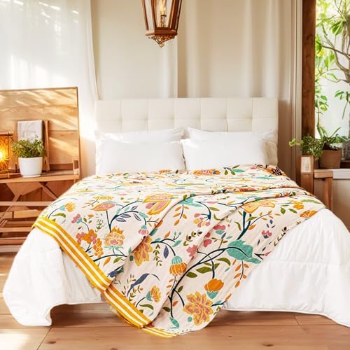 VANJOROY Boho Throw Blanket for Bed, 100% Organic Cotton Breathable Ultra Soft 60" x 80" Quilt Throw - All Season Floral Rustic Farmhouse Decor Luxury Reversible Blanket for Sofa Couch Chair and Gift - Image 3